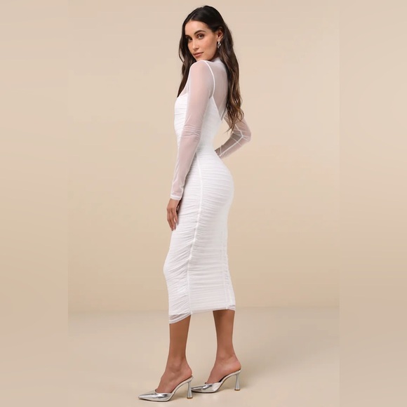 New Lulus Impressive Flirt White Mesh Ruched Mock Neck Midi Dress Size XL - Picture 3 of 4